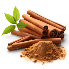 Some aromatic cinnamon with star anise and ground spice in a bowl over white background