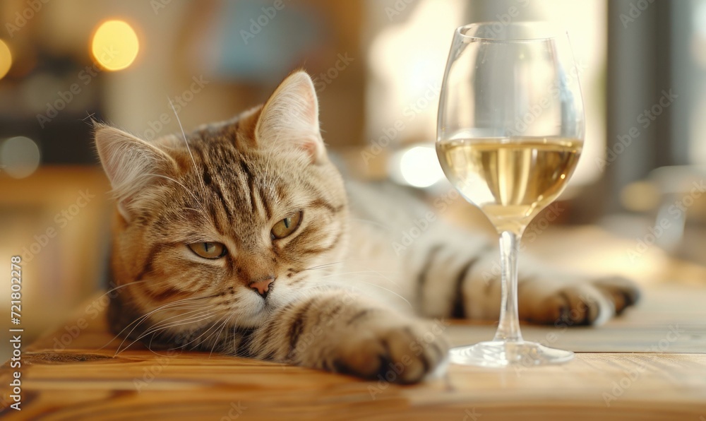 Poster a cat laying on a table with a glass of wine. generative ai.