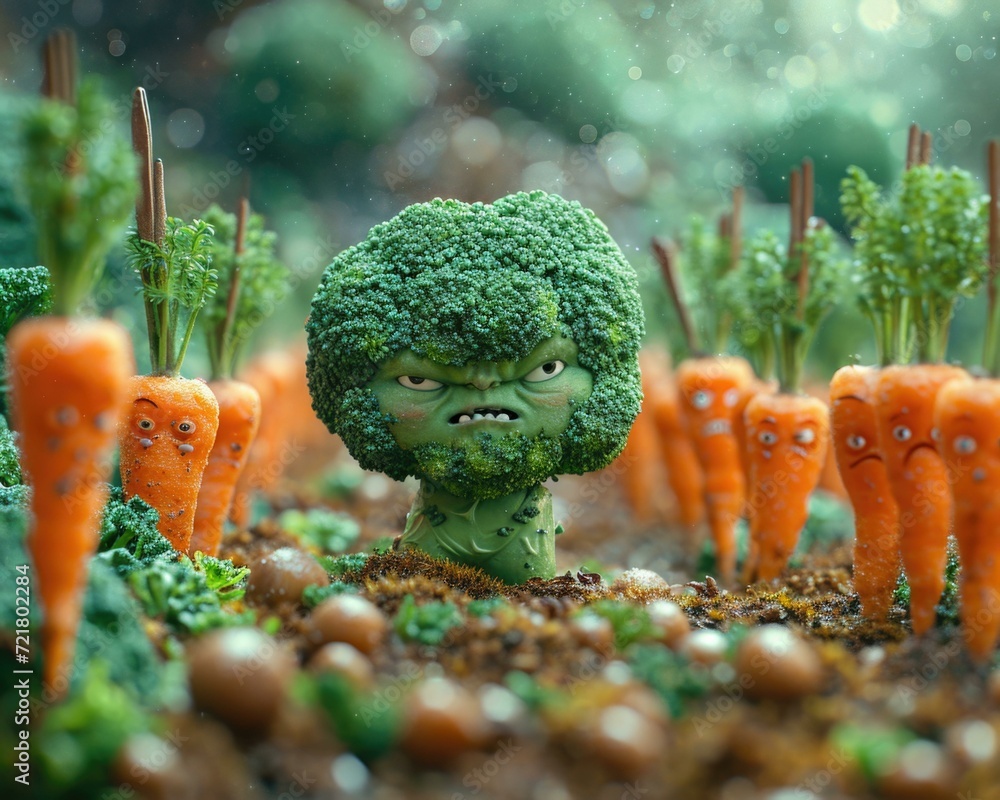 Poster a broccoli and carrots are in a field. generative ai.