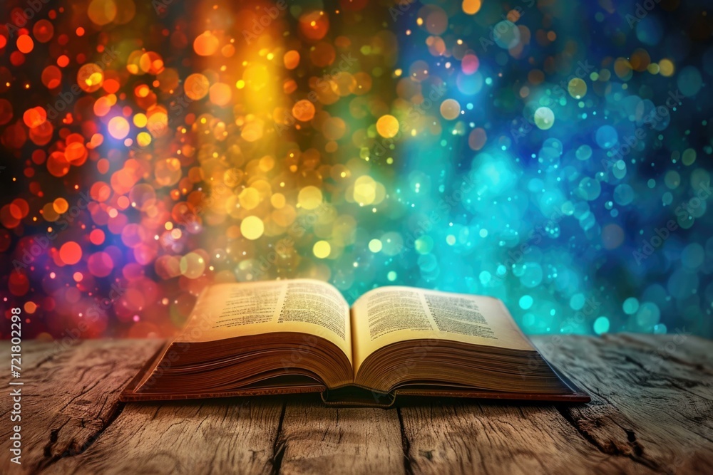 Poster an open book on a wooden table with colorful lights background. generative ai.