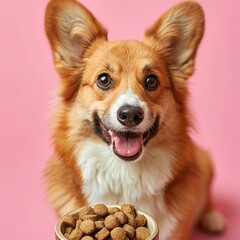 A dog sitting in front of a bowl of food. Generative AI.