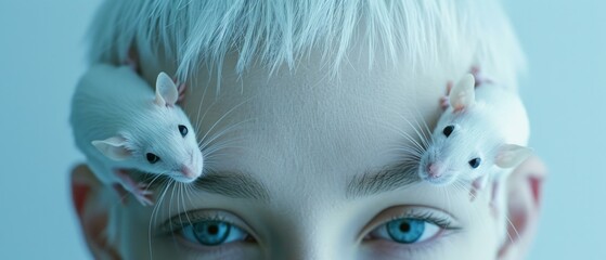 A woman with white hair and blue eyes is holding two mice on her head. Generative AI.