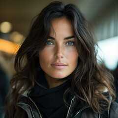 A woman with long brown hair and dark eyes. Generative AI.