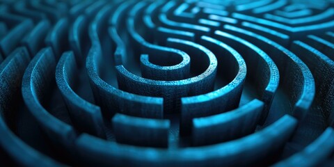A close up of a blue maze with a circular pattern. Generative AI.