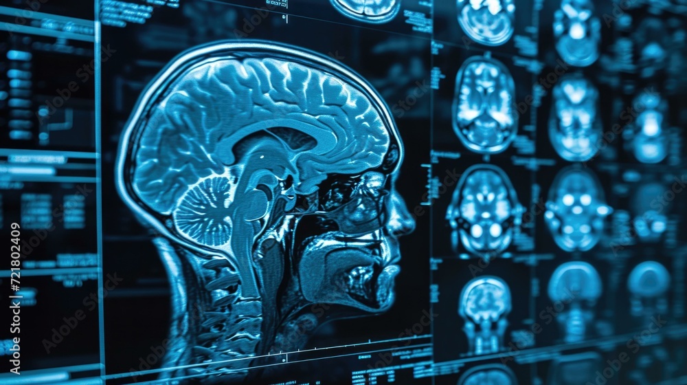 Poster mri brain scan image with blue background. generative ai.