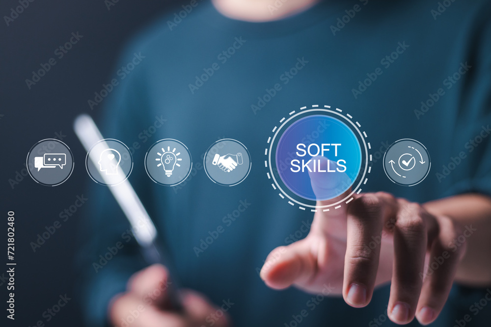 Poster soft skills concept. person touching virtual soft skills icon for interpersonal skills interacting w
