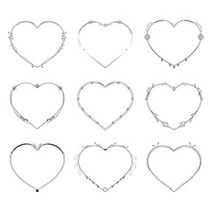 Set Abstract Collection Hand Drawn Frame Heart With Plants Doodle 14 February Holiday Concept Vector Design Outline Style On White Background Isolated Letter, Message, Mail, Cards, Posters