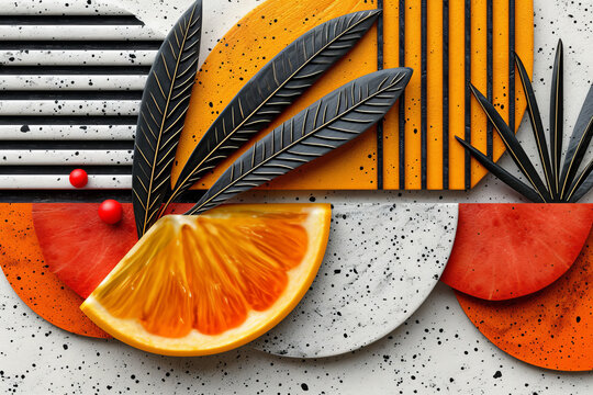 Abstract digital illustration of shapes, plants, and fruit