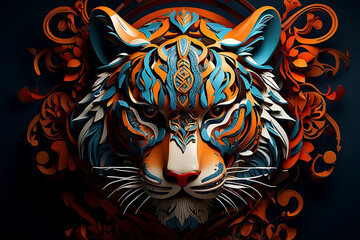 stylized tiger with a tribal mask that highlights abstract patterns and cultural symbols