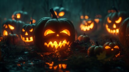 A haunting array of jack-o'-lanterns with sinister glowing faces set in a dark, foggy forest scene for a Halloween night.
