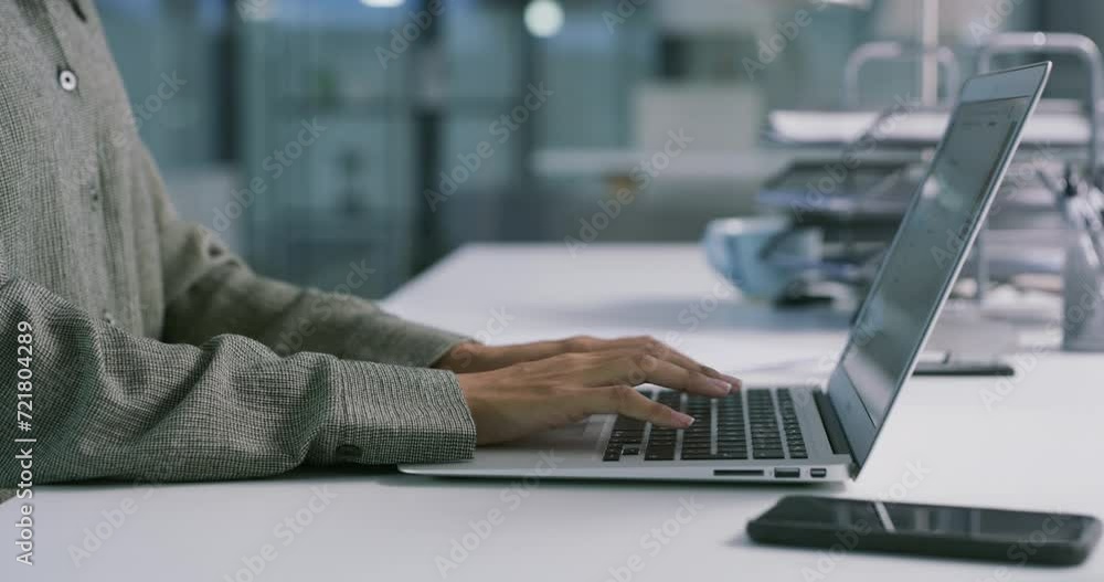 Poster hands, business person and typing on laptop for planning research, information and administration at