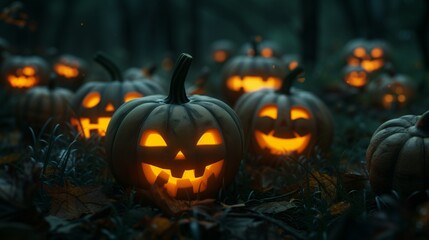 A haunting array of jack-o'-lanterns with sinister glowing faces set in a dark, foggy forest scene for a Halloween night.

