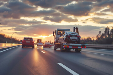 Tow truck transporting a broken car on the highway, embodying a car service transportation concept - obrazy, fototapety, plakaty