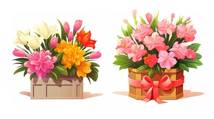 : Bunch of Flowers in Bright Box and Basket as Gift Vector Set, generative ai