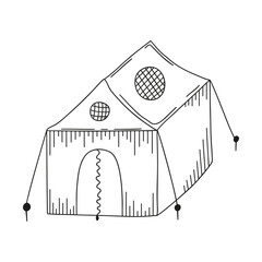 Hand drawn tourist tent on a white isolated background. Camping elements, travel items. Doodle, simple outline illustration. It can be used for decoration of textile, paper and other surfaces.
