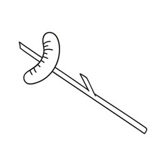 Hand drawn sausage is fried on a stick, barbecue and street food on a white isolated background. Camping elements, travel items. Doodle, simple outline illustration. It can be used for decoration of t