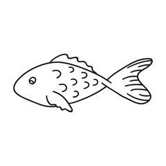 Hand drawn fish on a white isolated background. Camping elements, travel items. Doodle, simple outline illustration. It can be used for decoration of textile, paper and other surfaces.