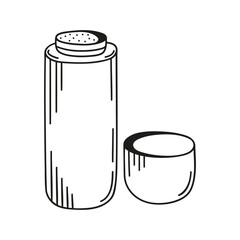 Hand drawn thermos bottle on a white isolated background. Camping elements, travel items. Doodle, simple outline illustration. It can be used for decoration of textile, paper and other surfaces.