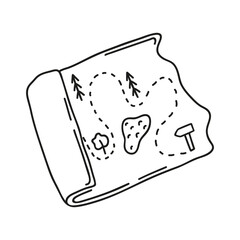 Hand drawn tourist map on a white isolated background. Camping elements, travel items. Doodle, simple outline illustration. It can be used for decoration of textile, paper and other surfaces.