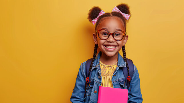 Cheerful Young Girl Ready for School.A smiling young girl with glasses and colorful hair ties holds her school books, ready for a day of learning, against a vibrant yellow background.