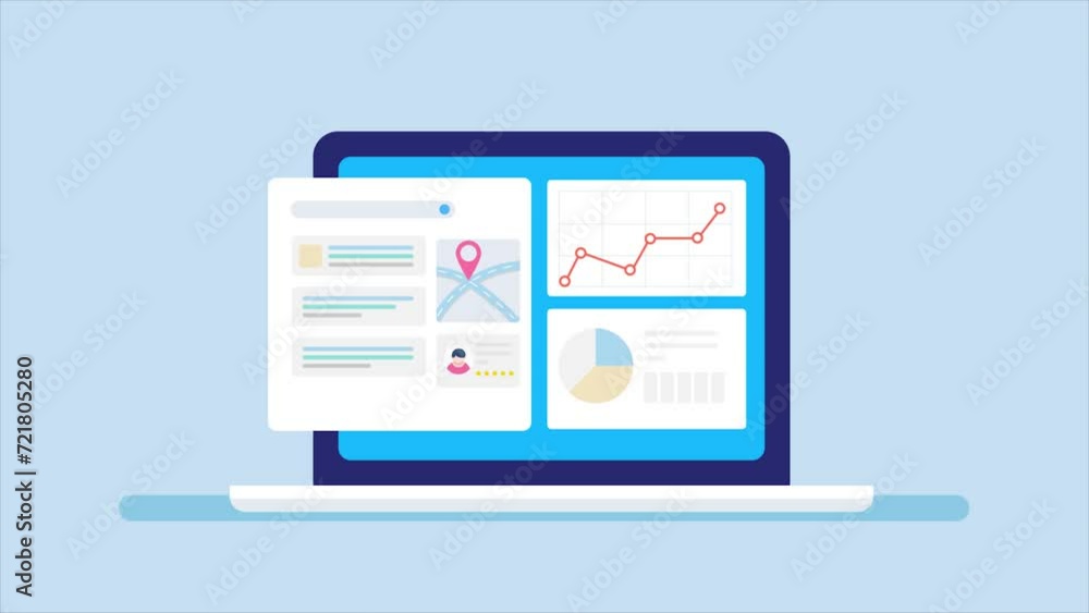 Poster search engine ranking and web data analytics report on laptop screen, e-business optimization concep