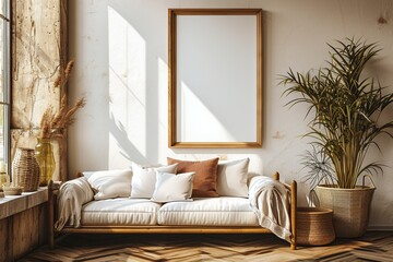 Fototapeta premium Blank horizontal poster frame mock up in minimal white style living room interior, modern living room interior background