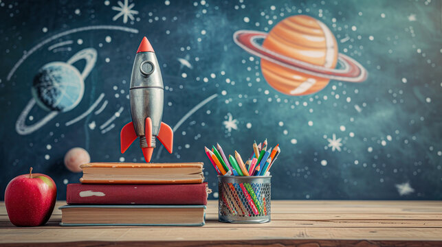 Stack of school books with colorful pencils and a red apple in front of a chalkboard featuring a hand-drawn rocket and planets, symbolizing creative education.