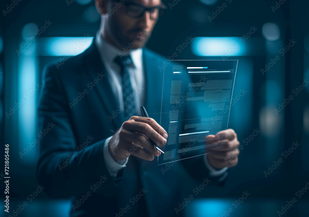 Aufkleber illustration of man wearing business suit choosing and evaluating a hologram options. digital decisi