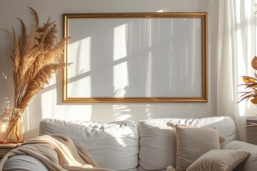 Blank horizontal poster frame mock up in minimal white style living room interior, modern living room interior background - obrazy, fototapety, plakaty