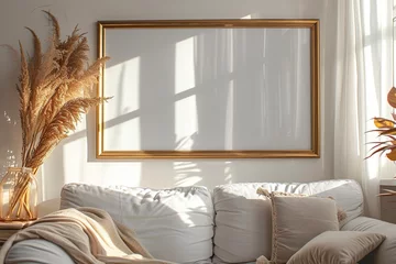 Poster Blank horizontal poster frame mock up in minimal white style living room interior, modern living room interior background © ChickyKai