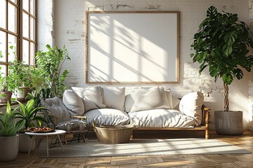 Blank horizontal poster frame mock up in minimal white style living room interior, modern living room interior background