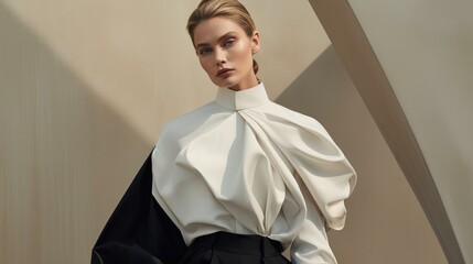 A young woman confidently poses in an elegant black and white outfit, showcasing deconstructed tailoring and modern style. Generative AI.