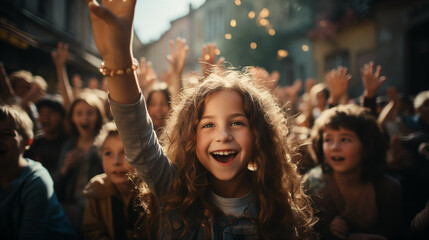 A young girl with curly hair is captured smiling and cheering, her hand raised high amidst a crowd at a lively outdoor event.
