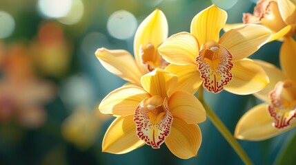 macro of yellow orchids with petals, generative ai