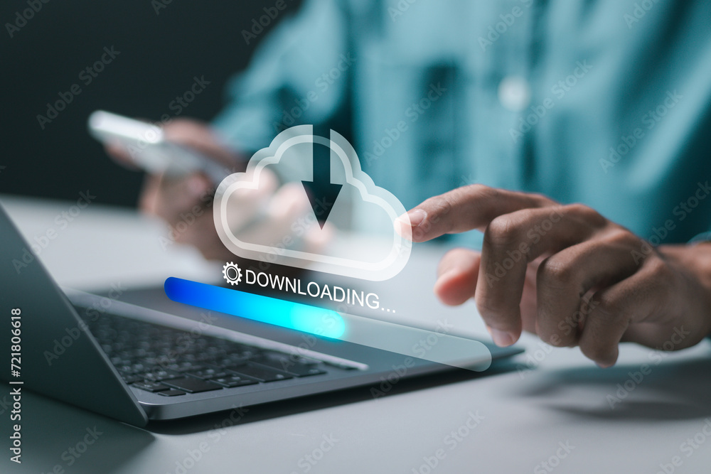 Poster download processing data concept. person use laptop with virtual screen of downloading bar for downl
