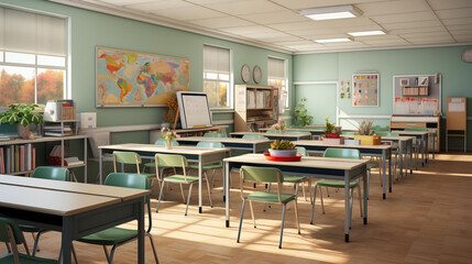 The warm autumn sunlight filters through the windows of a neatly organized classroom, highlighting educational materials and vibrant plant life.
