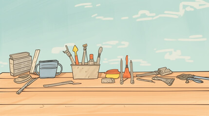 Work tools near planks on a sunny day water color, cartoon, hand drawing, animation 3D, vibrant, minimalist style. ai generated.