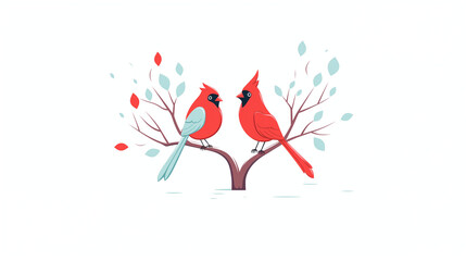 A pair of cardinal birds, a symbol of love and fidelity water color, cartoon, hand drawing, animation 3D, vibrant, minimalist style. ai generated.