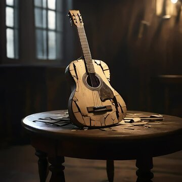 Old Broken Guitar on a wooden table beside window video clip