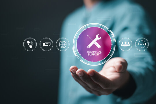 Technical support customer service concept, Businessman holding virtual screen of support customer icon for customer support center and contact us, call center and customer service help.