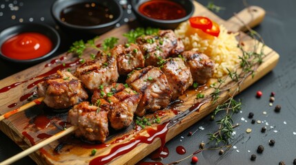 grilled pork kebab with various sauces - close-up food photography