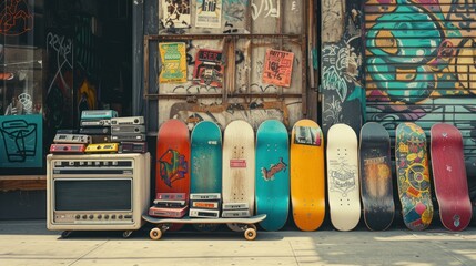 An urban sidewalk with a line-up of colorful retro skateboards leaning against a wall, next to a boom box and a pile of mixtape cassettes