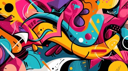 Vector illustration of a street art mural collaboration, blending contemporary Gen Z art styles with graffiti from the '80s and '90s, dynamic and colorful - obrazy, fototapety, plakaty