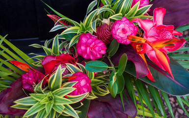 A vivid bouquet of tropical flowers is ready for sale at a Farmers Market on Kauai.