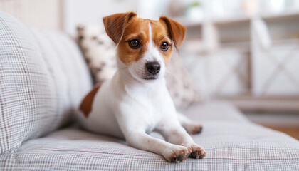 Concept of the National Pet Day. Jack Russell Terrier Puppy sits on the couch and looks at the camera. Quiet Luxury interior with small couch.