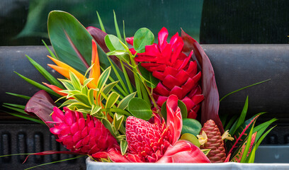 A vivid bouquet of tropical flowers is ready for sale at a Farmers Market on Kauai.