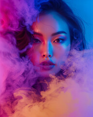 Portrait of a beautiful asian woman surrounded by colourful smoke