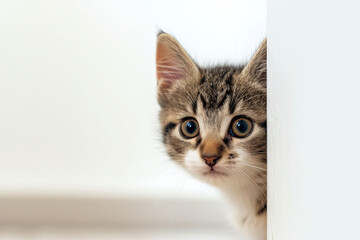 A cute kitten peeking from behind a wall