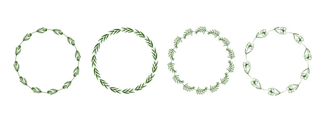Obraz premium Floral round borders vector set. Green twigs, circle drawn frame illustration. Hand drawn wreath leaves.
