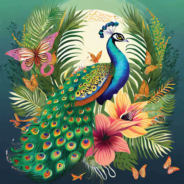 Ornamental beautiful textured peacock. Ethnic style colorful bright peacock bird. Vector ornate black background illustration with multicolor exotic royal peacock bird. Paisley style patterned tail